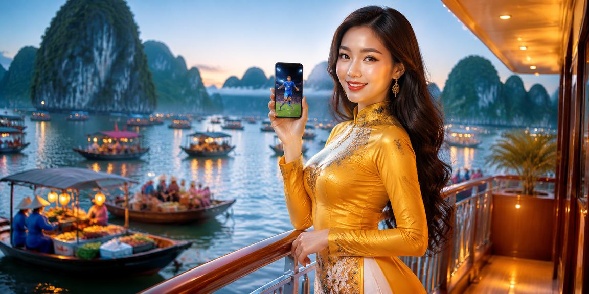 Người phụ nữ mặc áo dài theo dõi cá cược thể thao tại vịnh Hạ Long